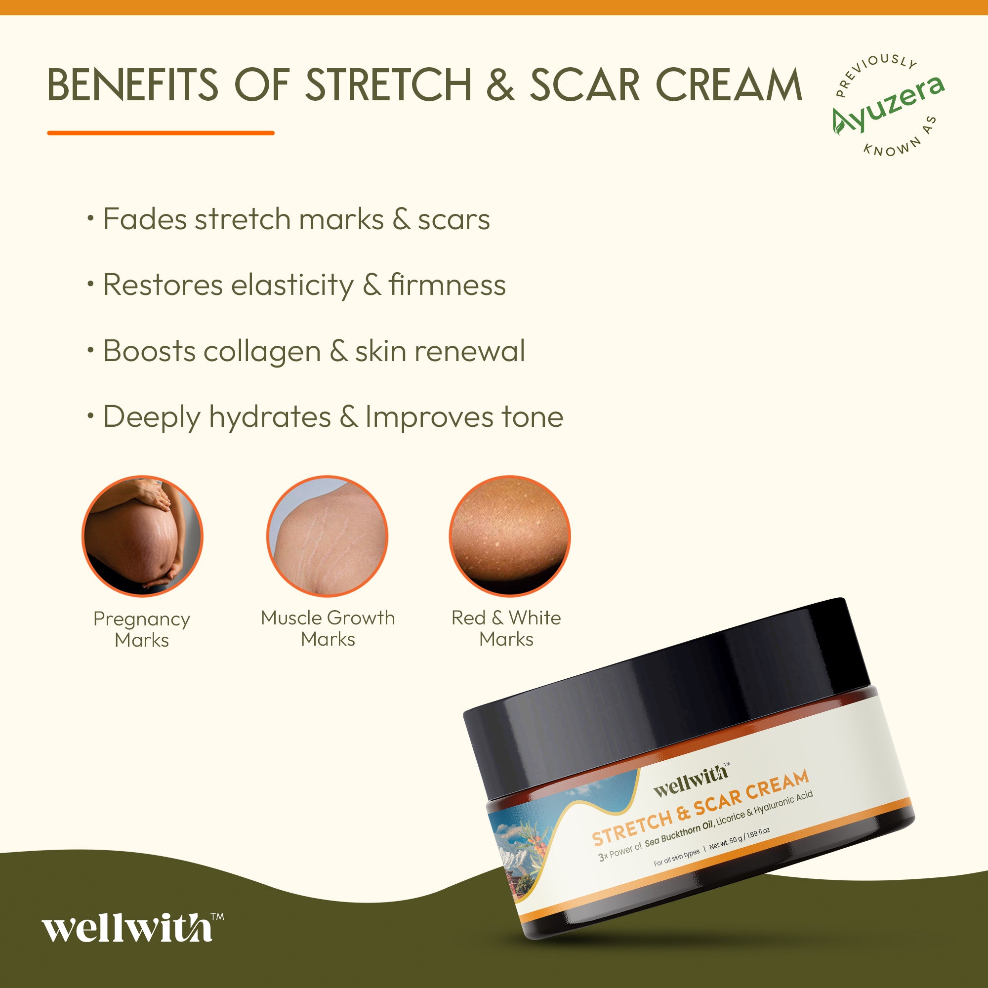 Wellwith stretch and scar cream with benefits listed on a background