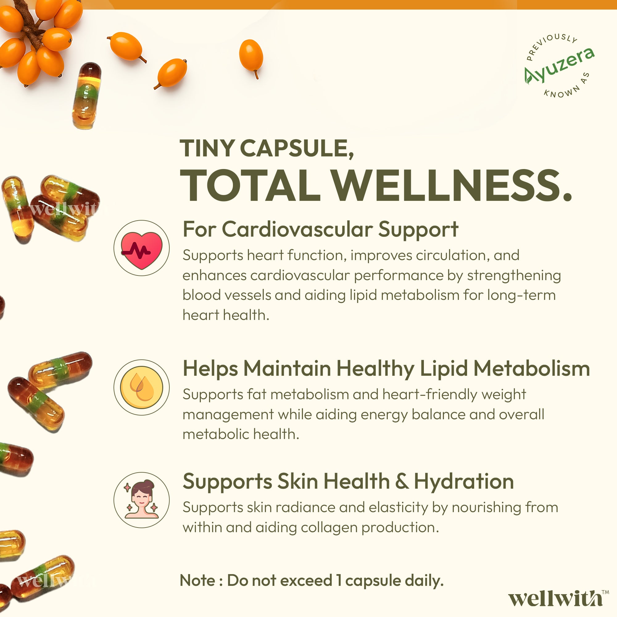 Promotional graphic for sea buckthorn oil capsules with health benefits on a white background