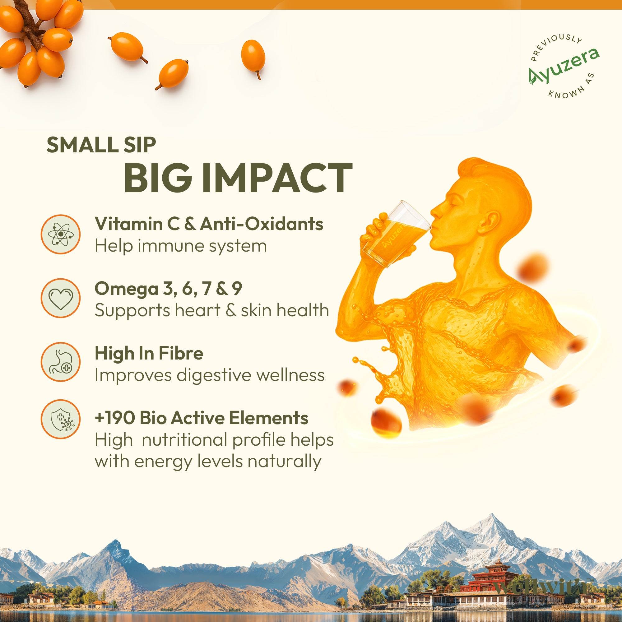 Promotional graphic for a sea buckthorn juice drink with text about its benefits.