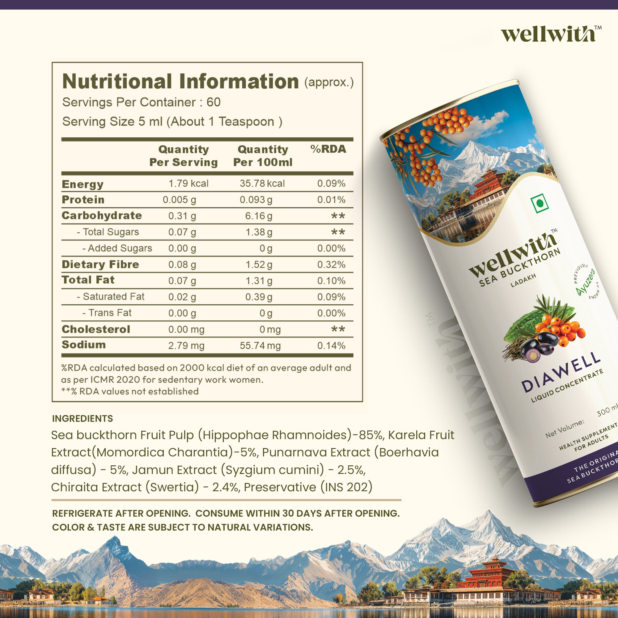 Wellwith Sea Buckthorn diawell liquid concentrate packaging with nutritional information on a scenic background