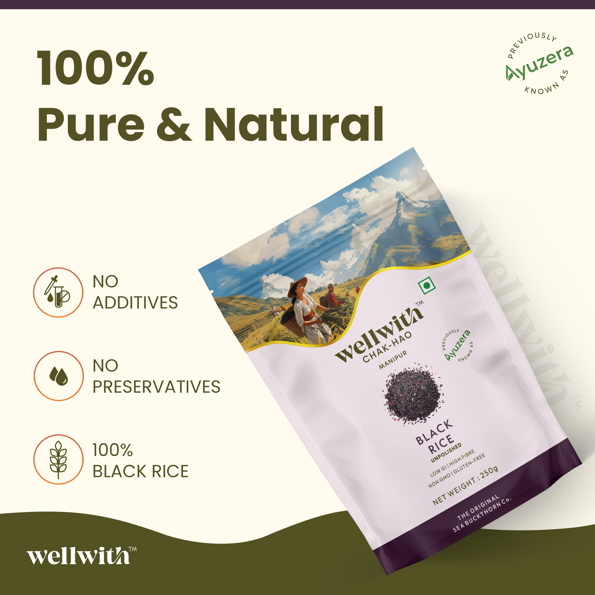 Wellwith chak hao black rice package with scenic design on a white background