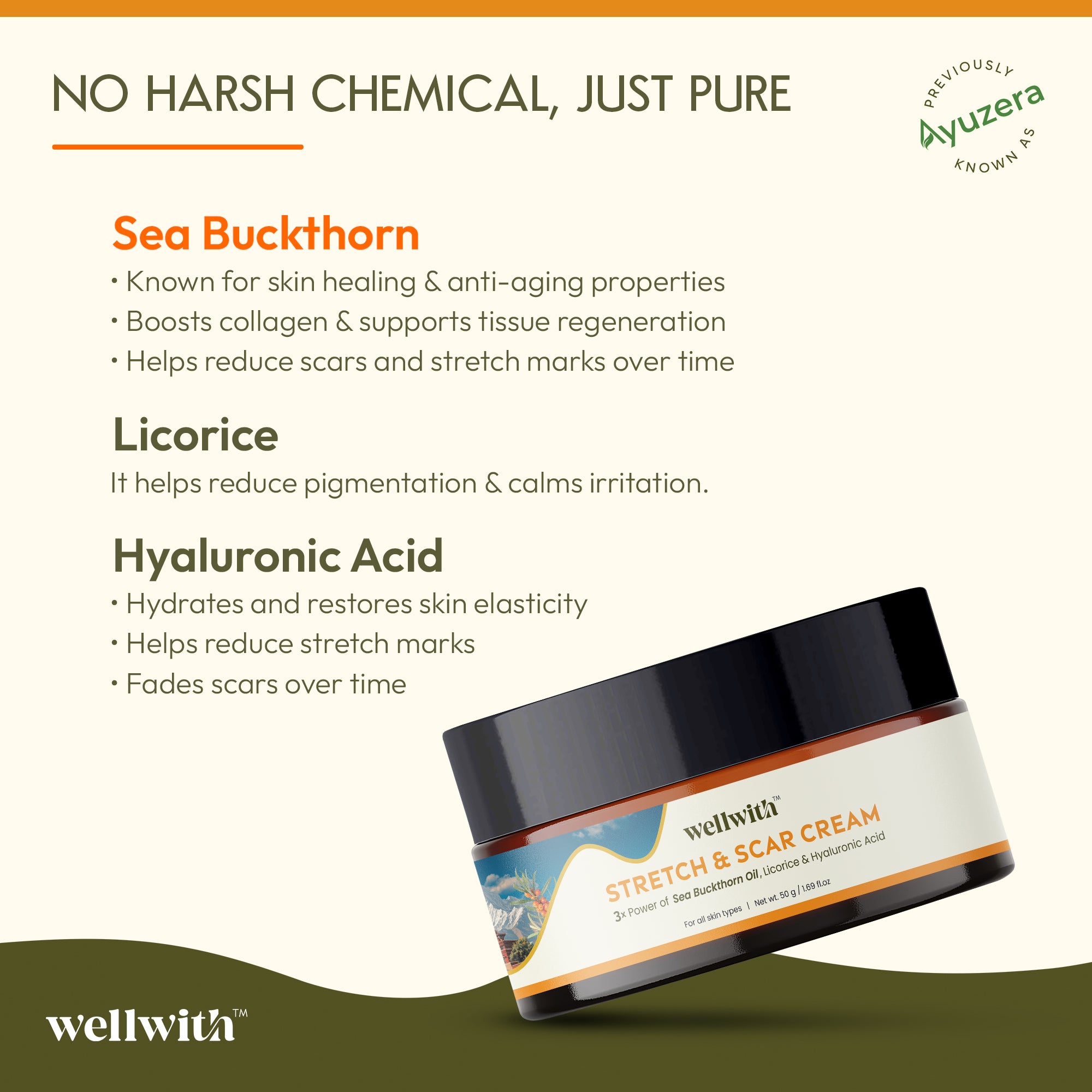 Wellwith stretch and scar cream with ingredients listed on a green background
