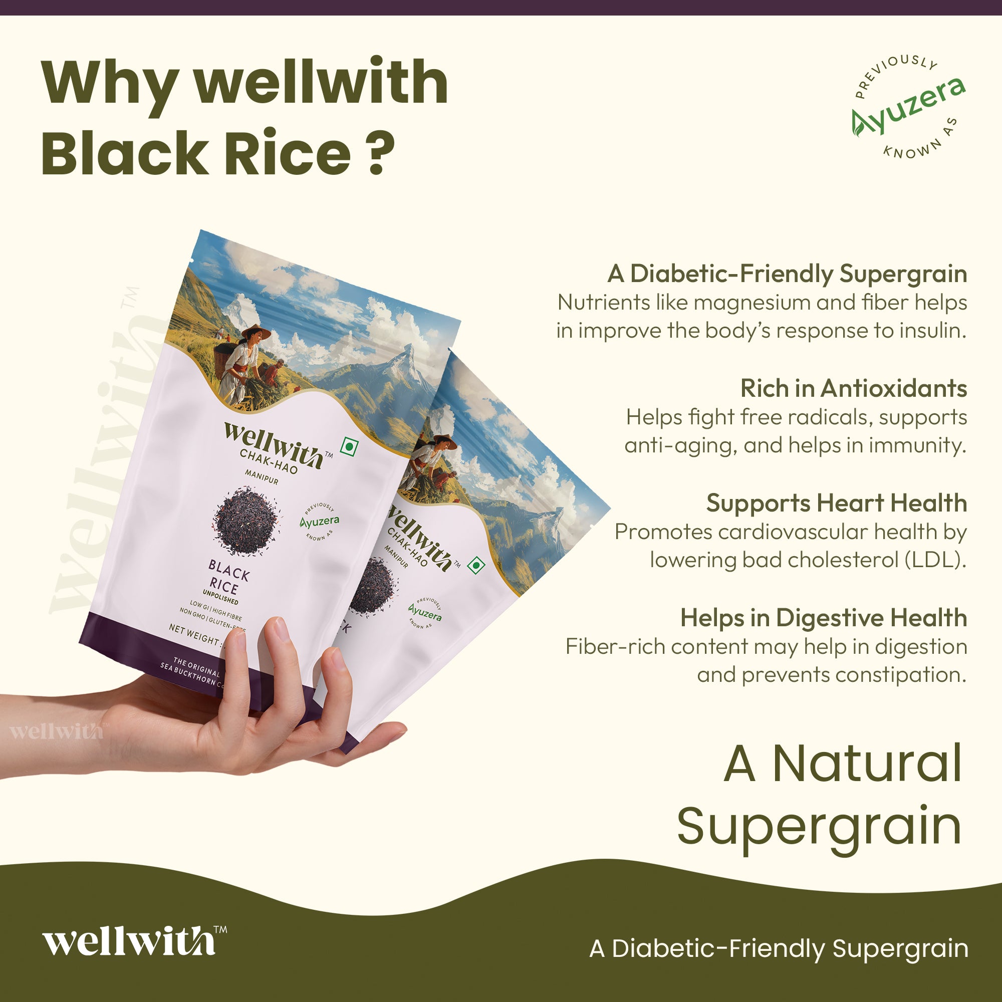 Wellwith black rice packages with promotional text about its benefits