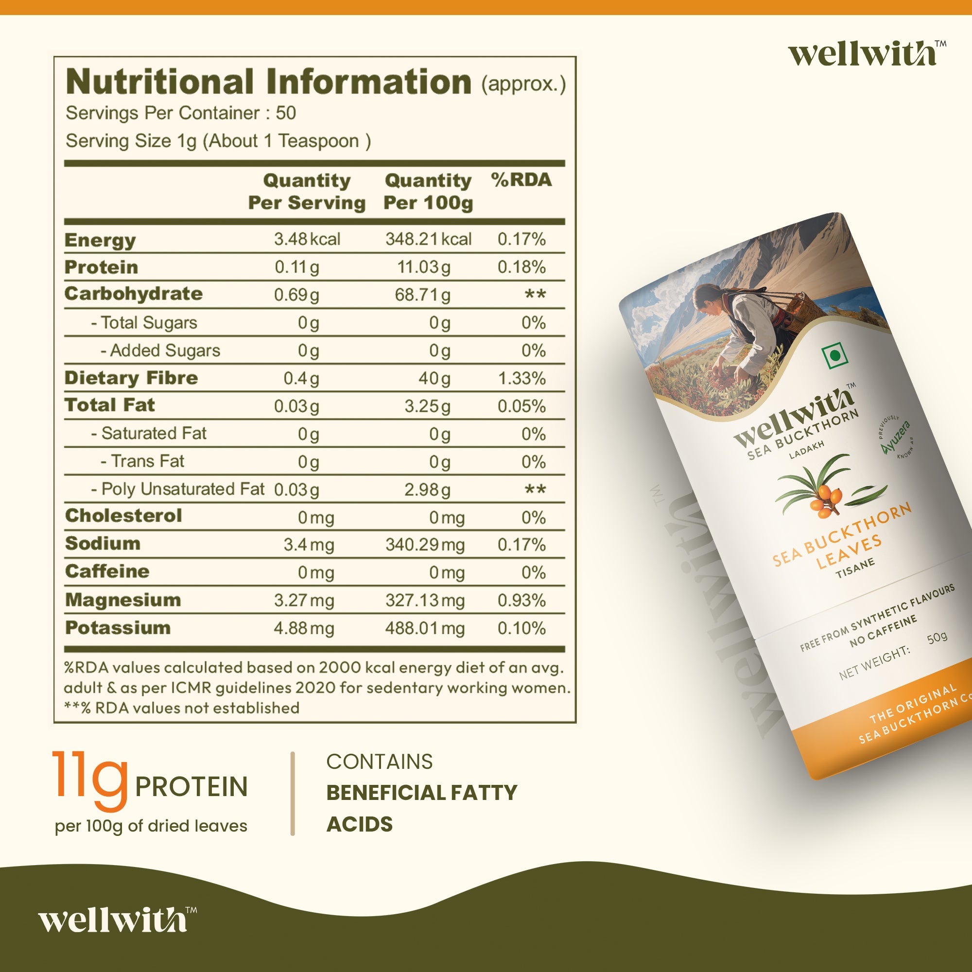 Nutritional information label for Wellwith Tea Buckthorn Leaves with product packaging.
