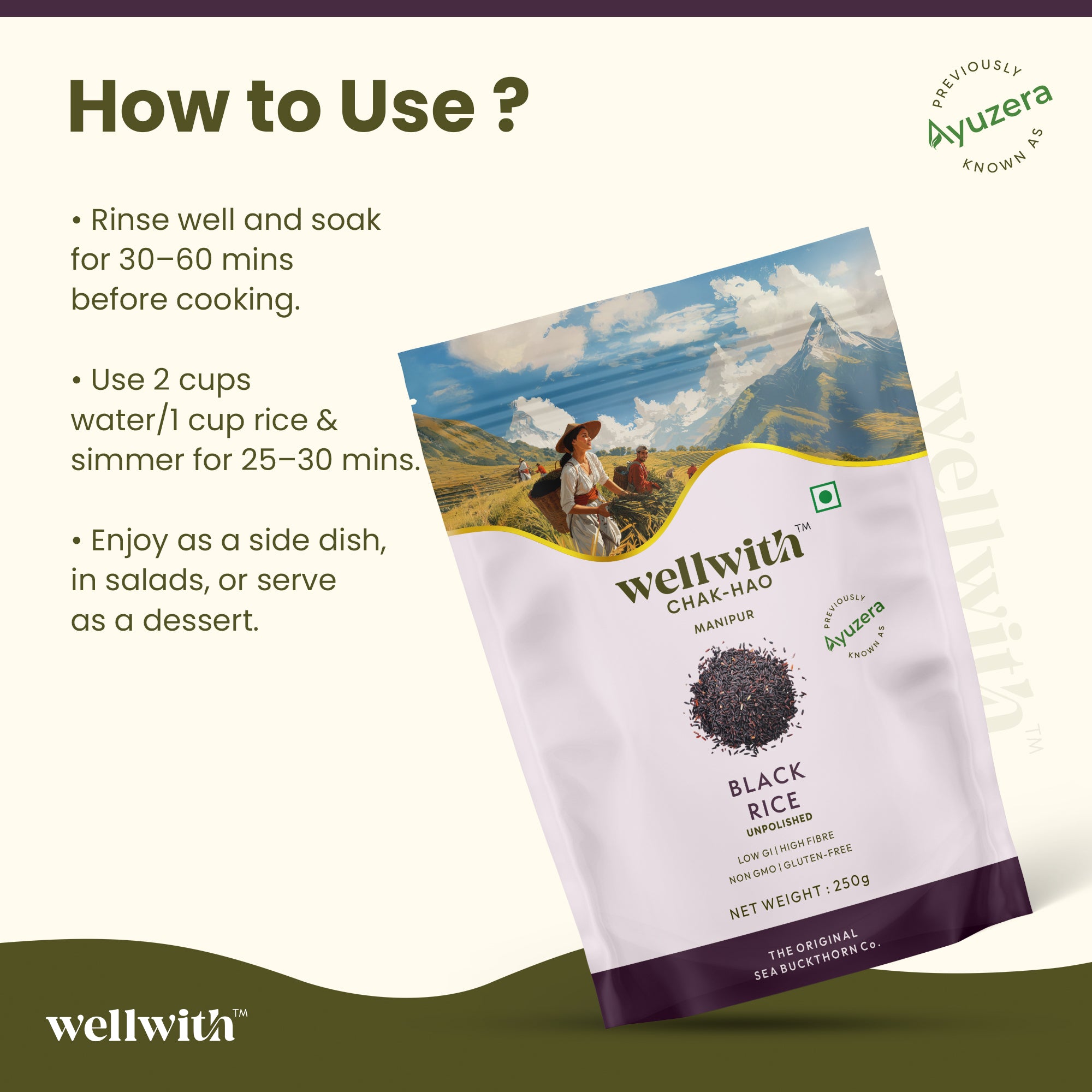 Wellwith black rice package with usage instructions on a white background