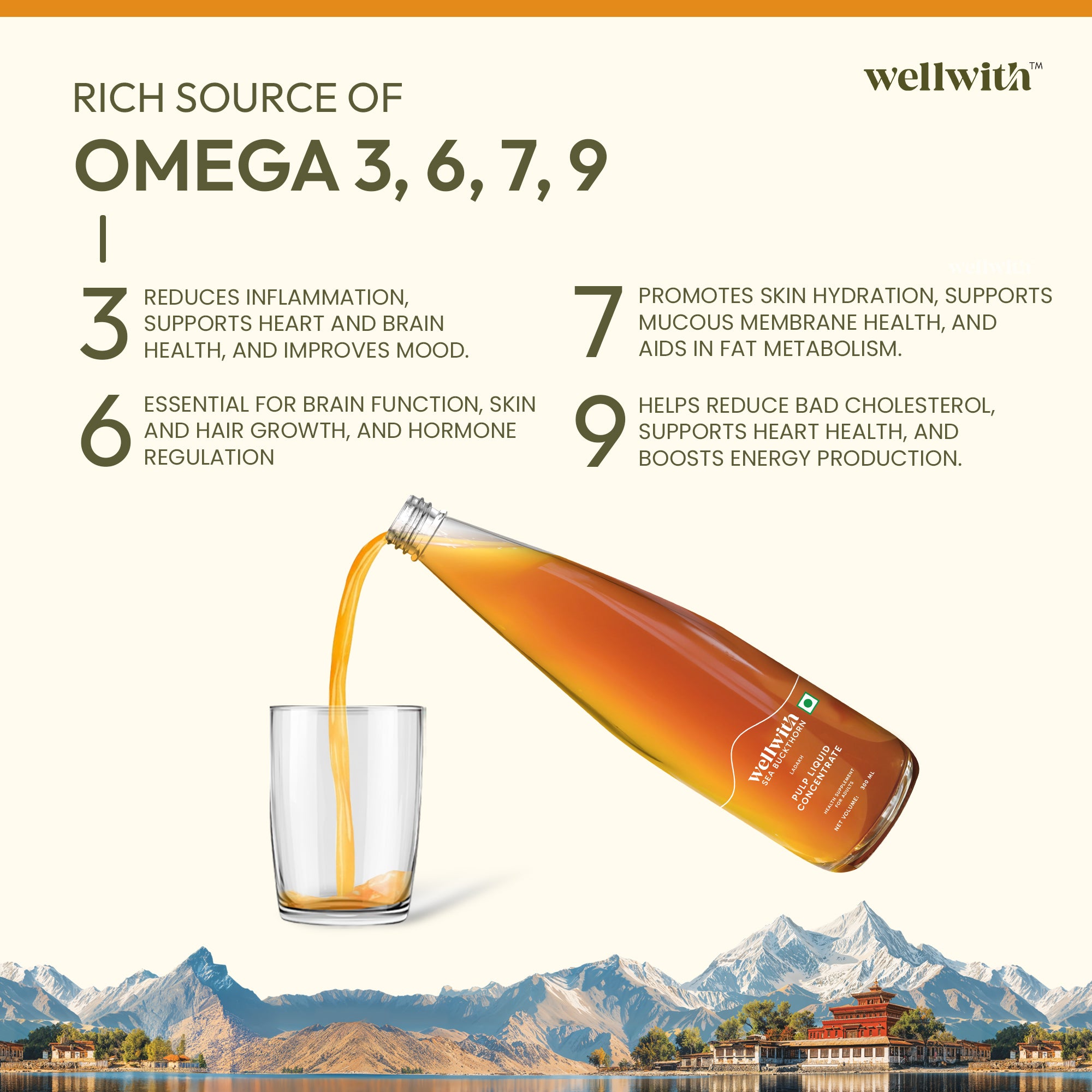 Wellwith Sea Buckthorn pulp concentrate highlights the rich source of omega fatty acids.