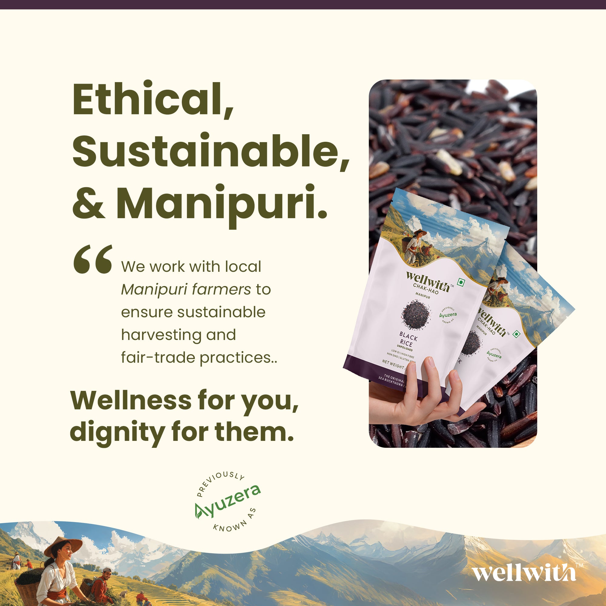Advertisement for wellwith products with text about ethical, sustainable, and Manipuri practices.