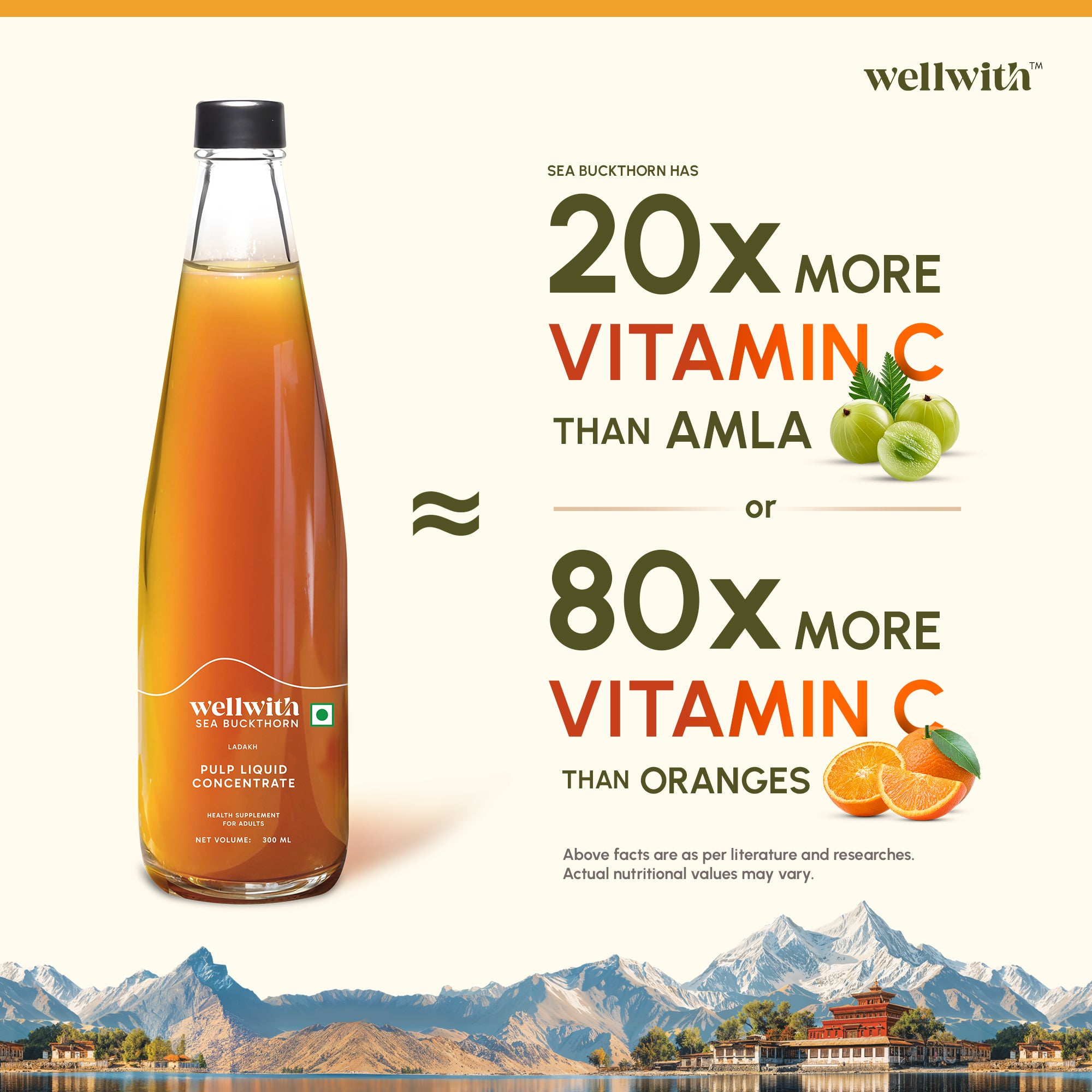 Bottle of wellwith sea buckthorn pulp liquid concentrate with vitamin C claims against a scenic background.