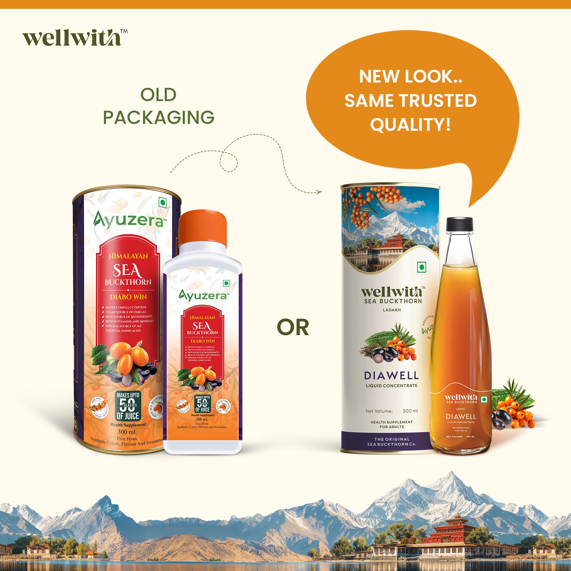 Comparison of wellwith products with old and new packaging designs against a scenic background.