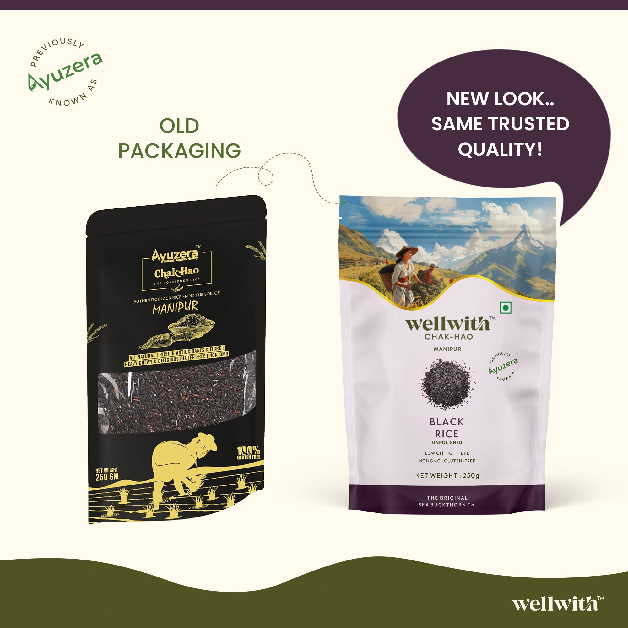 Comparison of Ayuzera and Wellwith black rice packaging with text indicating a new look and trusted quality.