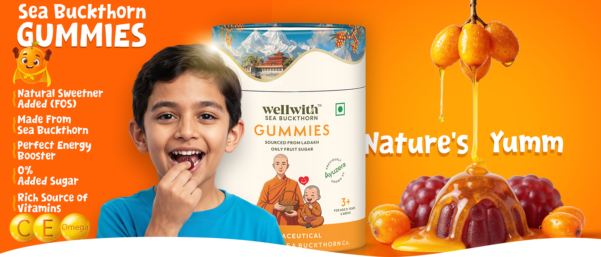 Wellwith Sea Buckthorn Gummies packaging with a child eating gummies.