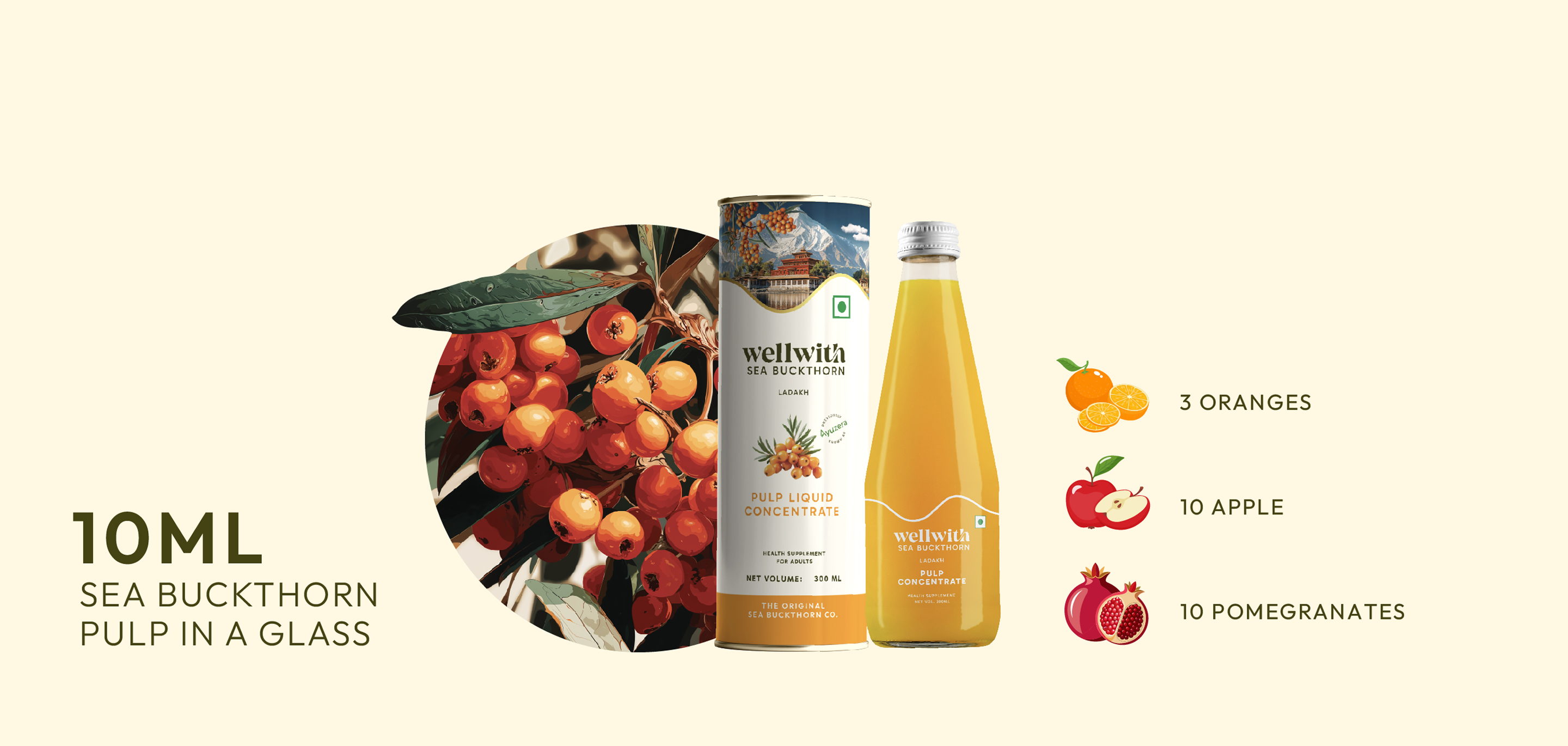 comparing nutritional values of 10 ml sea buckthorn pulp with other fruits