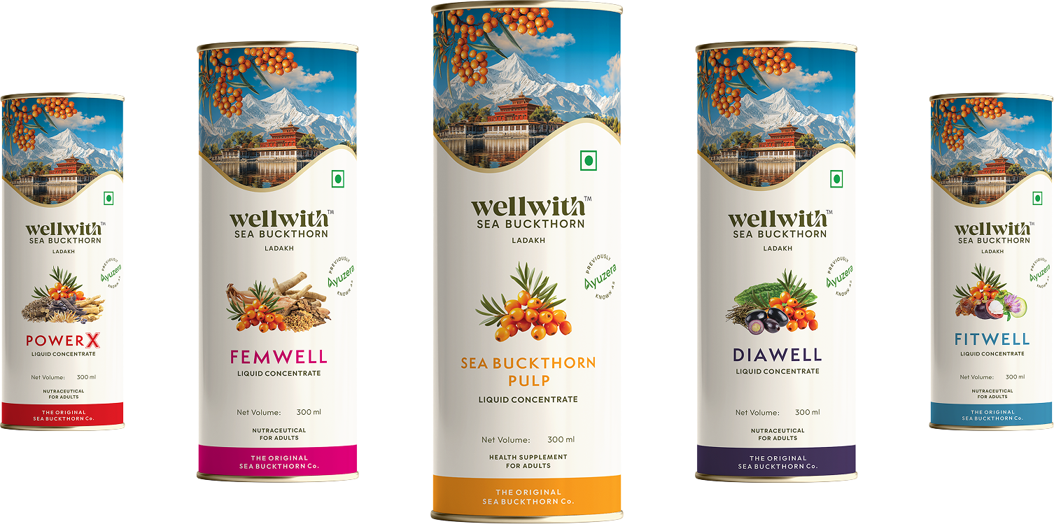 Five packages of wellwith sea buckthorn liquid concentrate with different product range on a white background