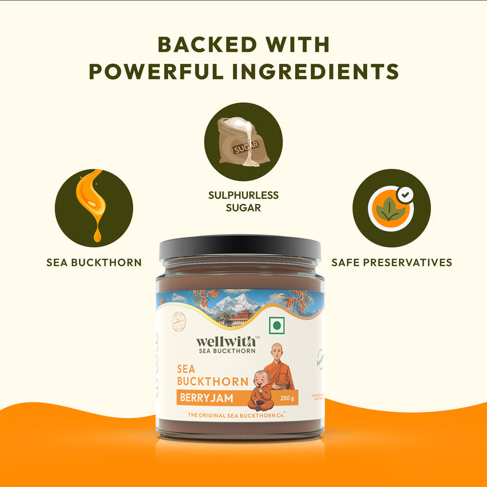 Wellwith Sea Buckthorn Berry Jam jar with ingredients