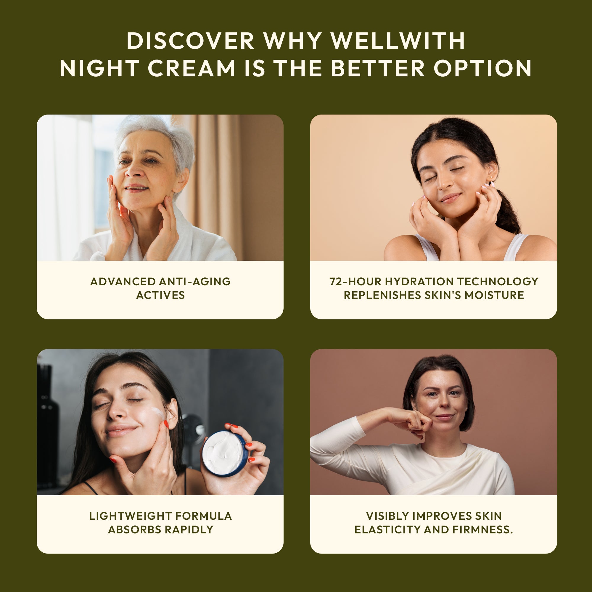 Wellwith night cream with four images of women applying the cream.