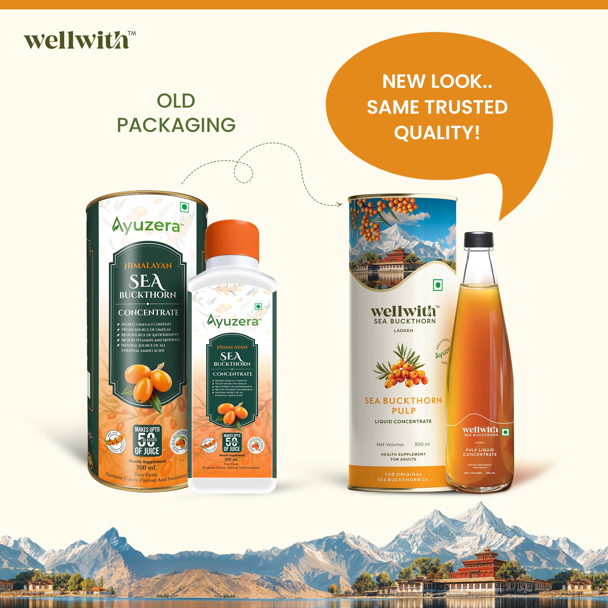 Comparison of wellwith and Ayuzera products with text 'Old Packaging' and 'New Look.