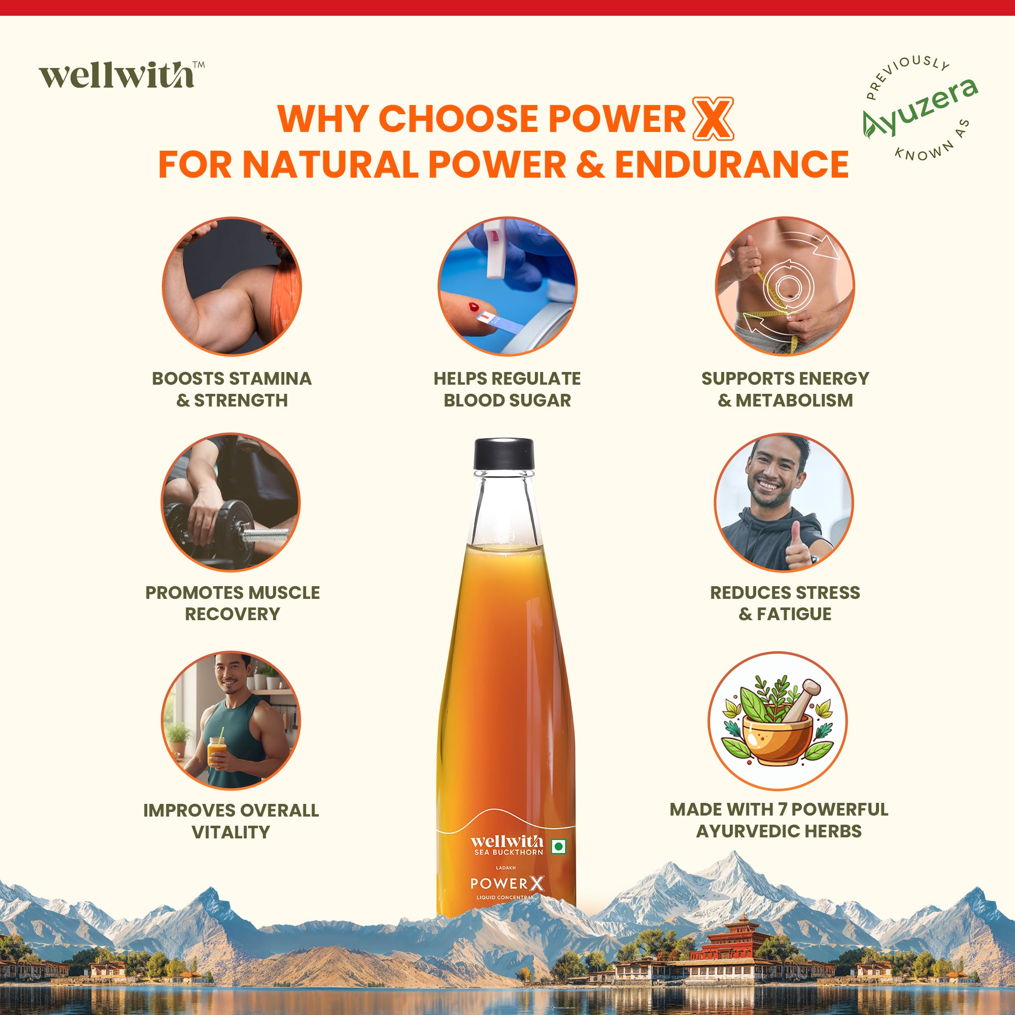 Wellwith Power X drink bottle with benefits listed on a scenic background