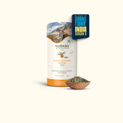 Wellwith Sea Buckthorn Leaves packaging with a bowl of leaves