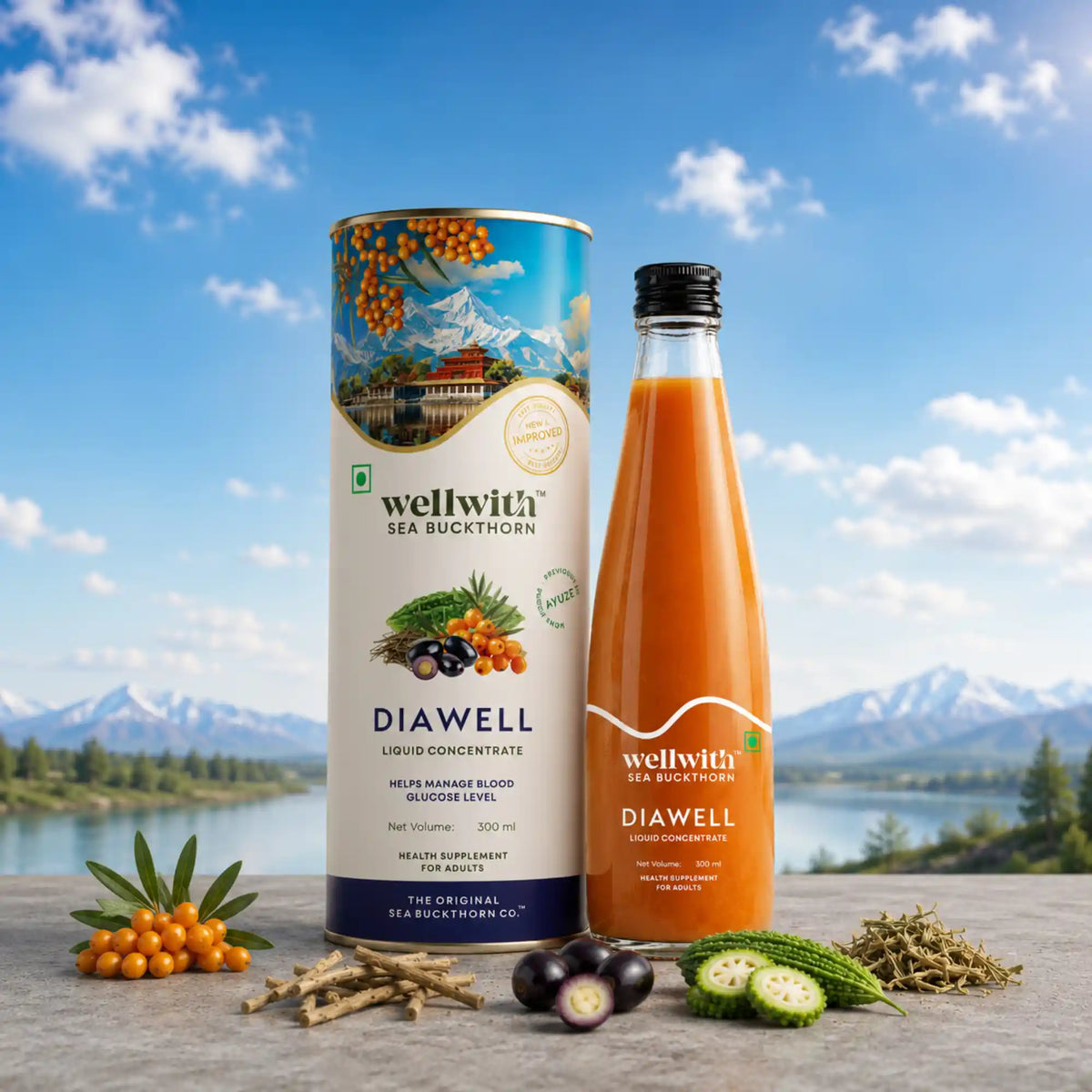 wellwith diawell sea buckthorn juice for diabetes formulated with ayurvedic herbs.