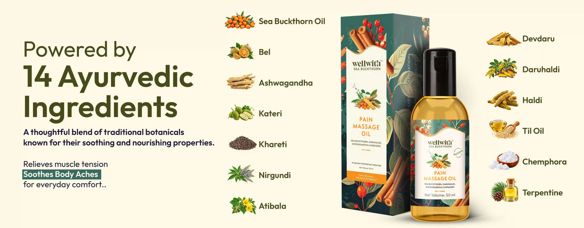 wellwith pain relief massage oil with 14 ayurvedic ingredients for everyday wellness.
